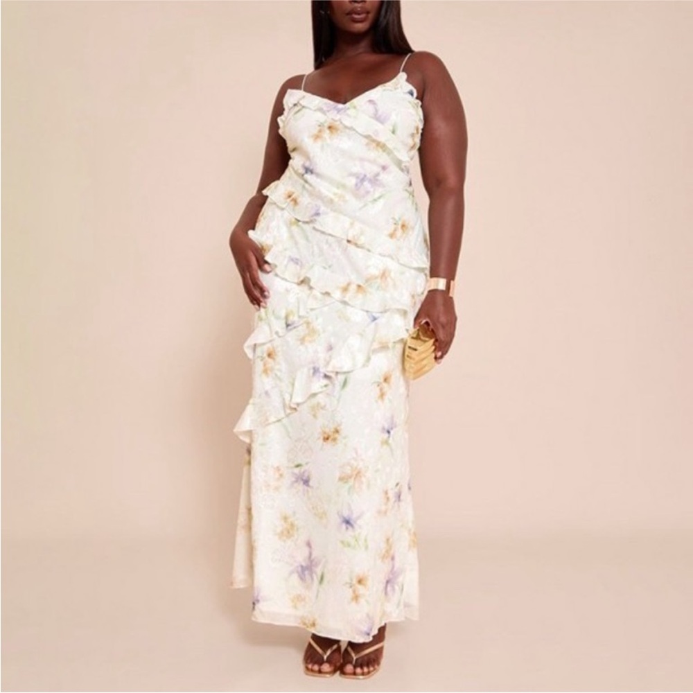 PrettyLittleThing plus ruffle tiered Cream Floral Maxi Dress 18